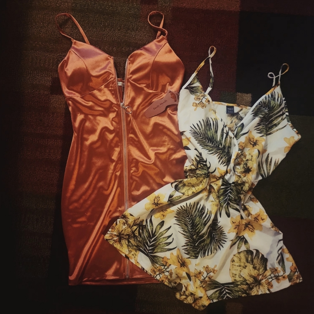 HauteMonde Silky Orange Zip Up Dress & Tropical Shein Romper combo Size M